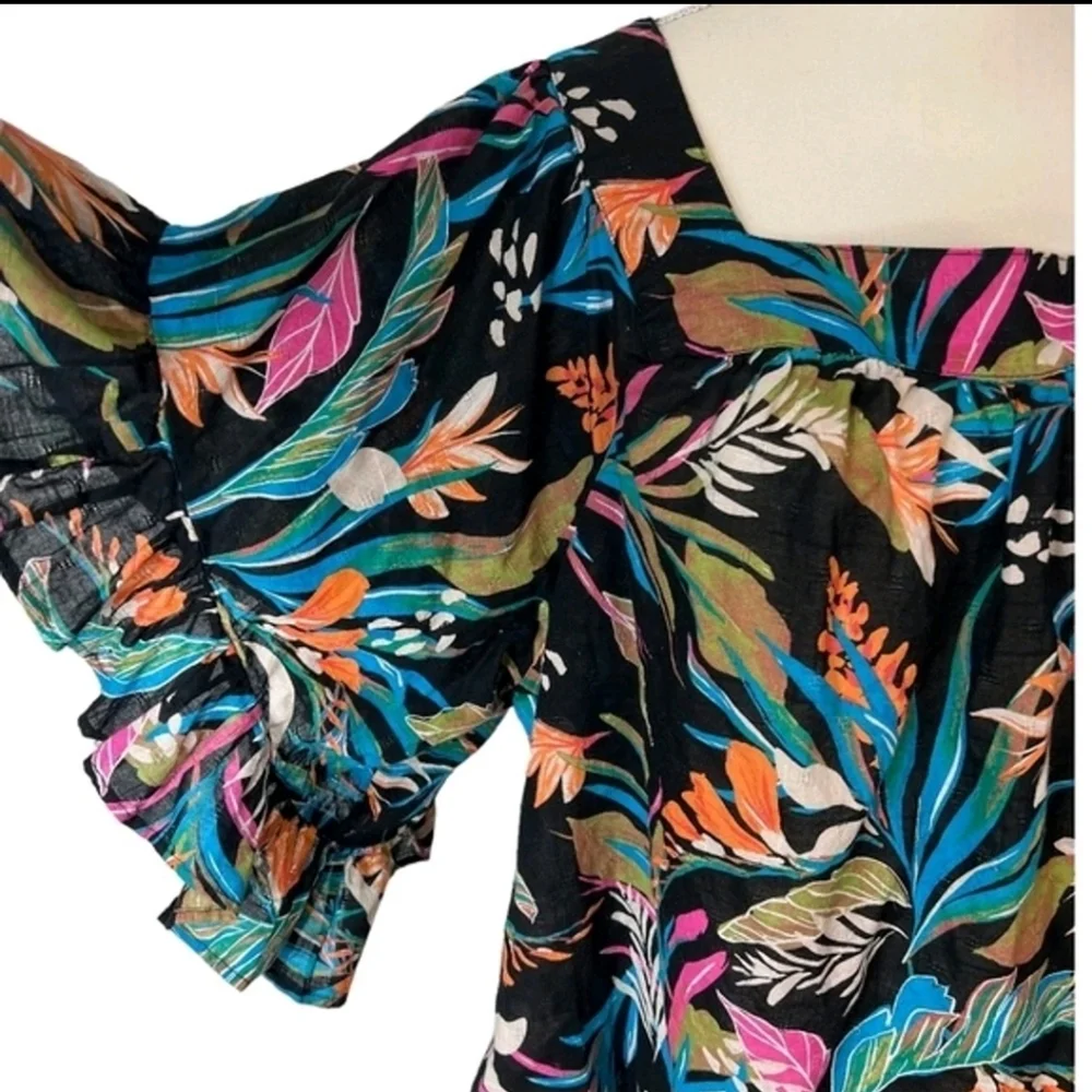 Plus Size Floral Cotton Blouse Square Neck Bell Sleeve Top Artsy Cottagecore NWT